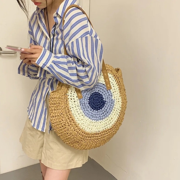 NEW Boho Large Round Straw Woven Shoulder Bag Handmade Summer Beach Tote Bag - Picture 2 of 7